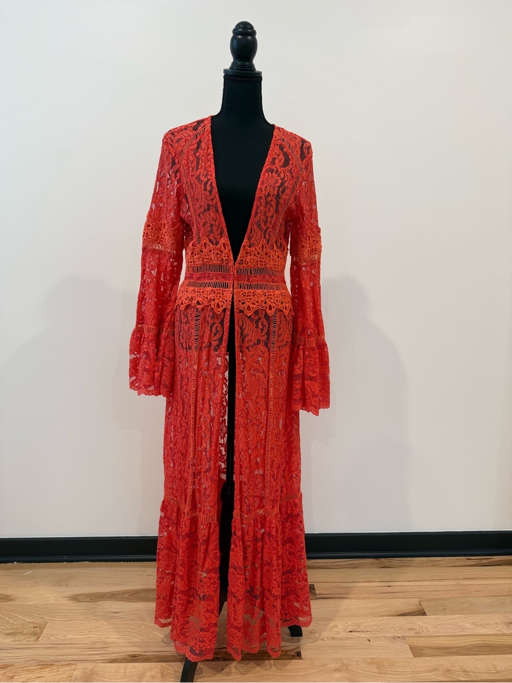 Boston Proper Coral Red Lace Maxi Duster Bell Sleeve Kimono Size Small
